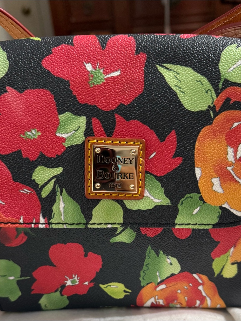 Dooney & Bourke Black Floral Crossbody with Red and Orange Blooms